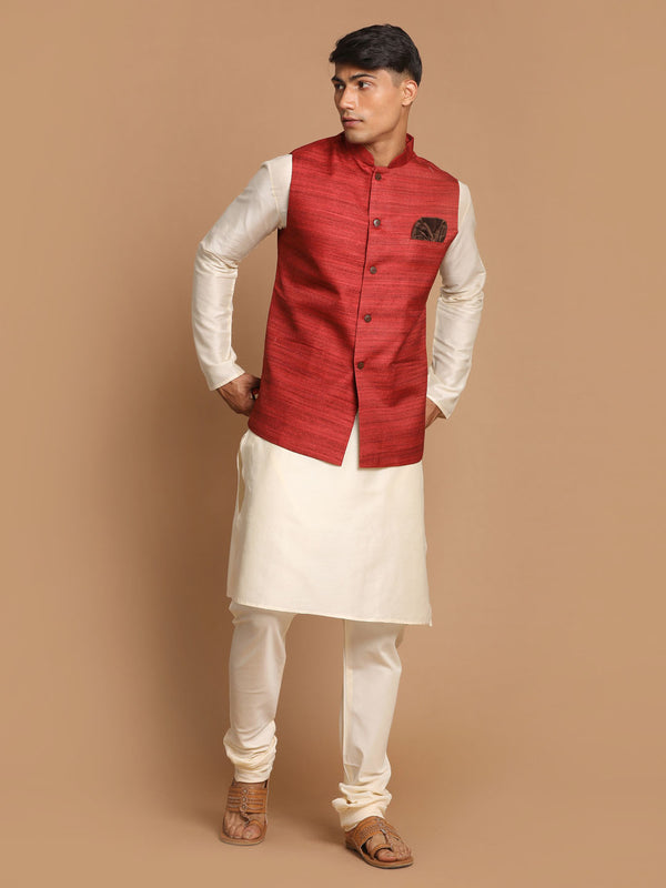 Men's Maroon Textured Nehru Jacket With Cream Kurta And Pyjama Set